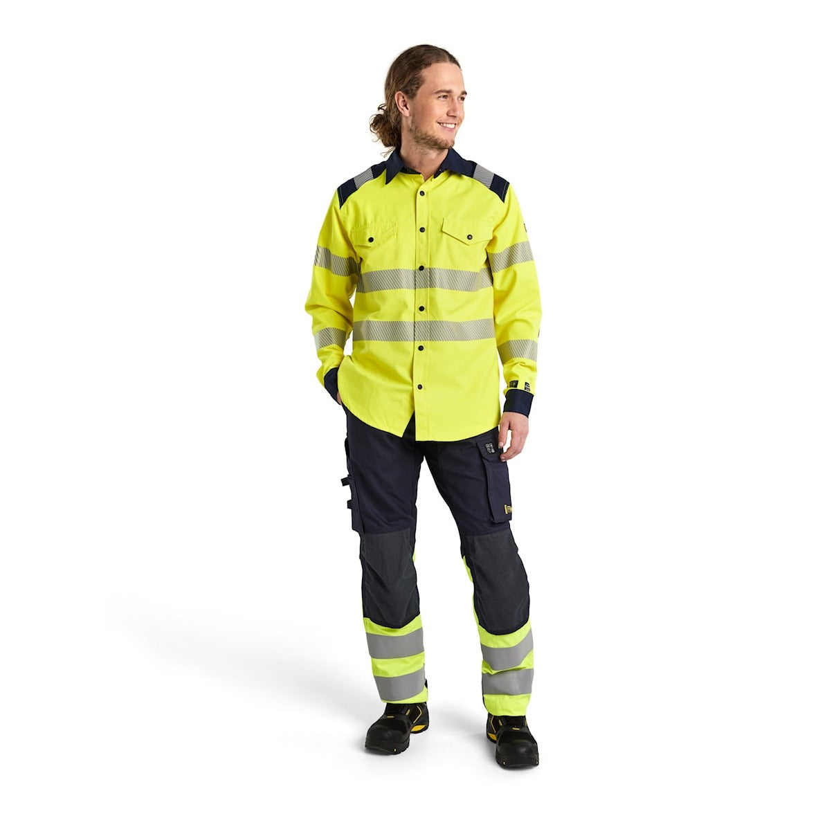Blaklader Multinorm Shirt 3239 #colour_hi-vis-yellow-navy-blue