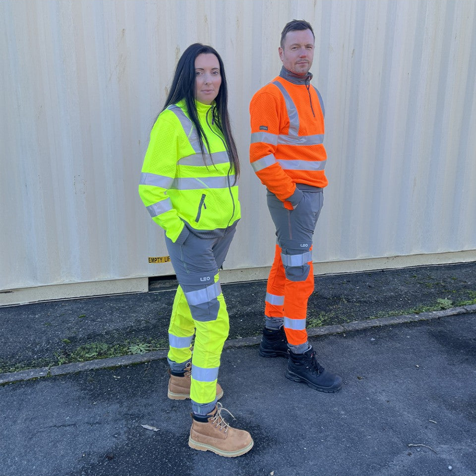 Leo Workwear HAWKRIDGE Leo EcoViz High Performance 4X Stretch Trouser- Hi-Vis Orange/Grey