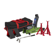 Sealey Trolley Jack 2 Tonne Low Entry Short Chassis & Accessories Bag Combo - Hi-Vis Green