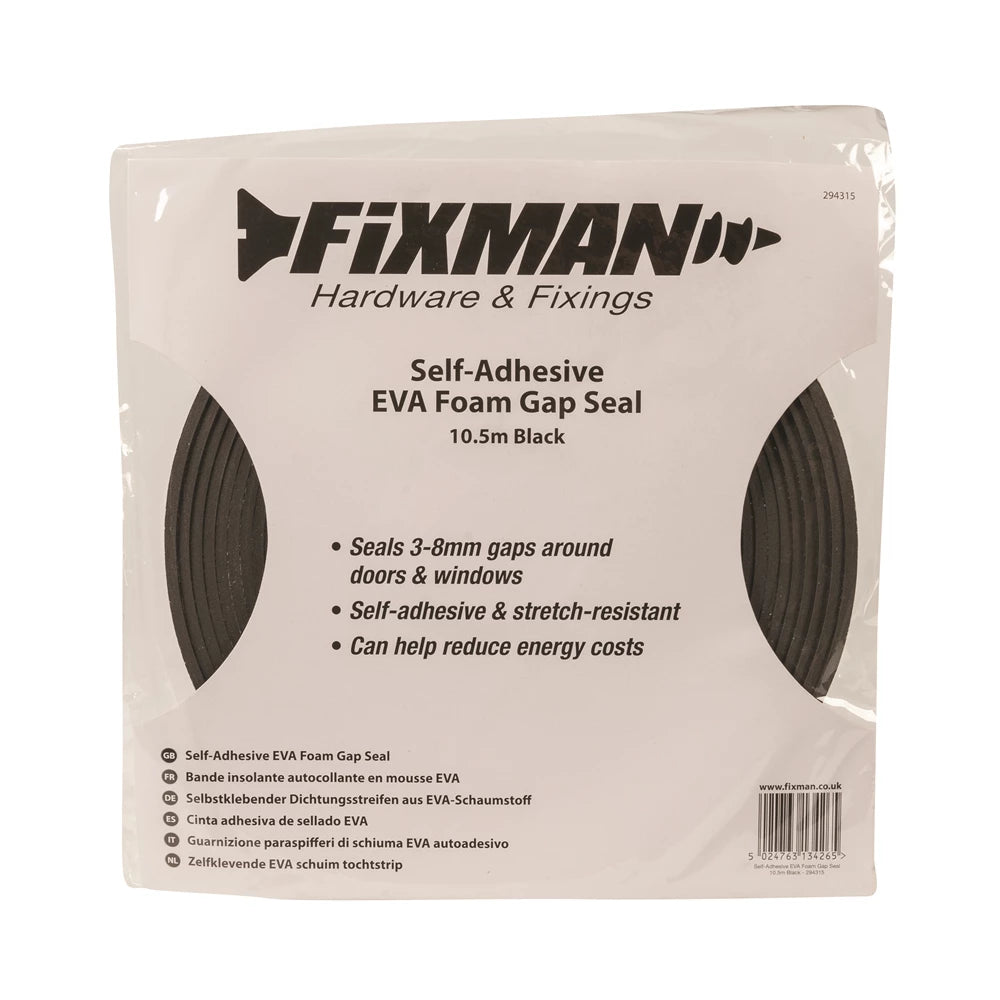 Fixman Self-Adhesive Eva Foam Gap Seal - 10.5m Black