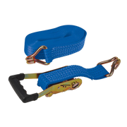 Silverline Rubber-Handled Ratchet Tie Down Strap J-Hook 8m x 50mm - Rated 1300kg/Capacity 2600kg