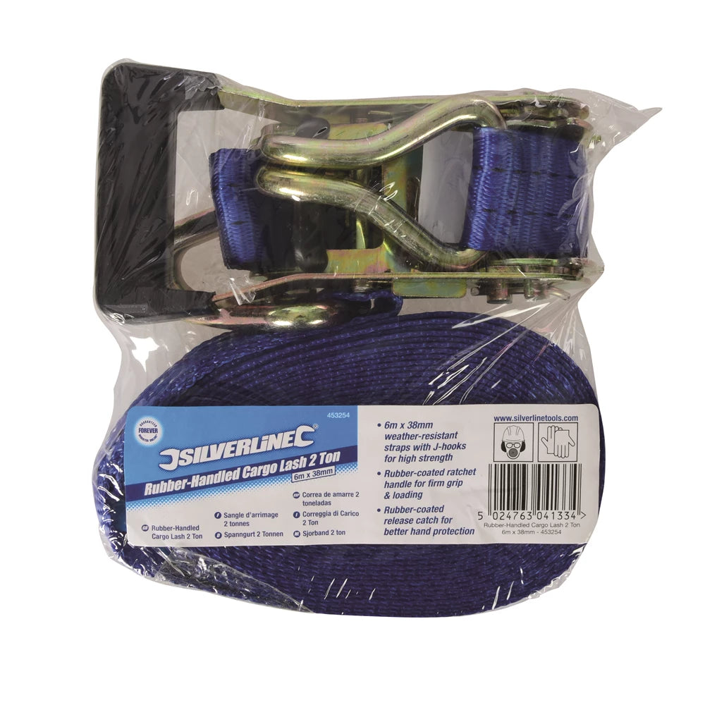 Silverline Rubber-Handled Ratchet Tie Down Strap J-Hook 6m x 38mm - Rated 1000kg/Capacity 2000kg