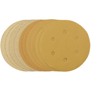 Draper Tools Gold Sanding Discs With Hook & Loop, 150mm, Assorted Grit - 120G, 180G, 240G, 320G, 400G, 6 Dust Extraction Holes (Pack Of 10)