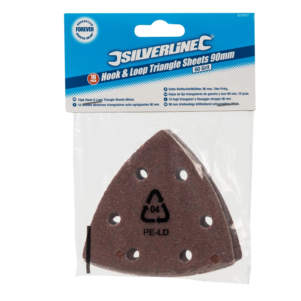 Silverline Hook & Loop Triangle Sheets 90mm 10Pk - 60 Grit