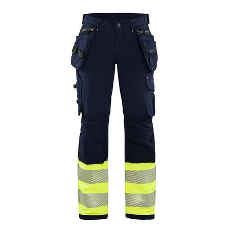Blaklader Women's Hi-Vis 4-Way-Stretch Trousers 7193 #colour_navy-blue-hi-vis-yellow