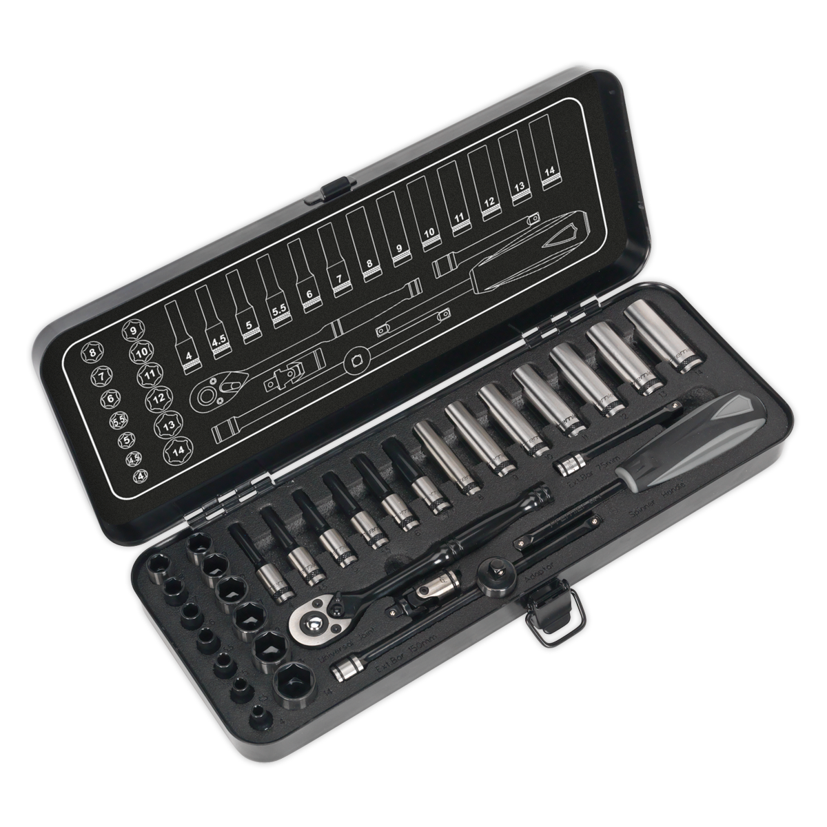Sealey Socket Set 32pc 1/4"Sq Drive 6pt WallDrive® Metric Black Series