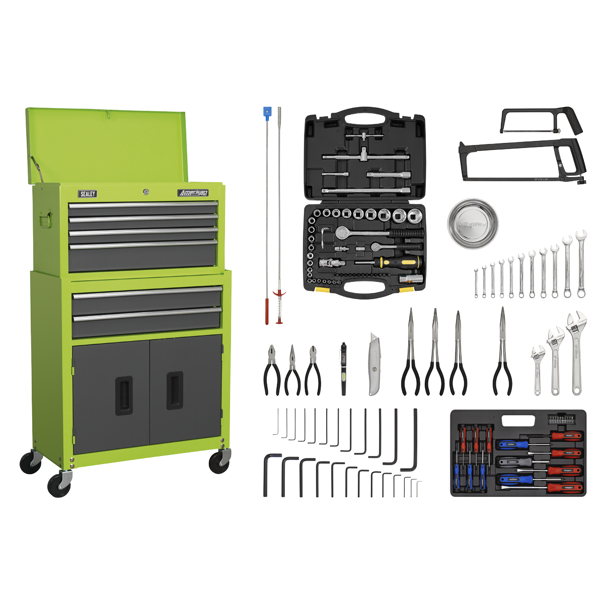 Sealey 6 Drawer Topchest & Rollcab Combination with Ball-Bearing Slides - Hi-Vis Green/Grey & 170pc Tool Kit