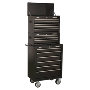 Sealey Topchest, Mid-Box & Rollcab 14 Drawer Stack - Black