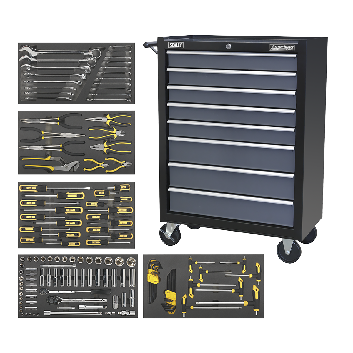 Sealey Rollcab 8 Drawer with Ball-Bearing Slides - Black/Grey & 136pc Tool Kit