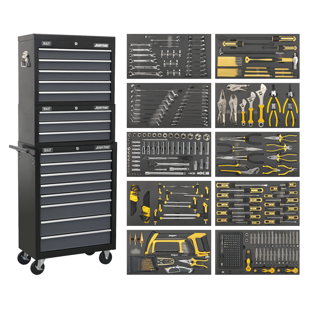 Sealey Tool Chest Combination 16 Drawer with Ball-Bearing Slides - Black/Grey & 420pc Tool Kit