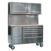 Sealey Mobile Stainless Steel Tool Cabinet 10 Drawer with Backboard & 2 Wall Cupboards