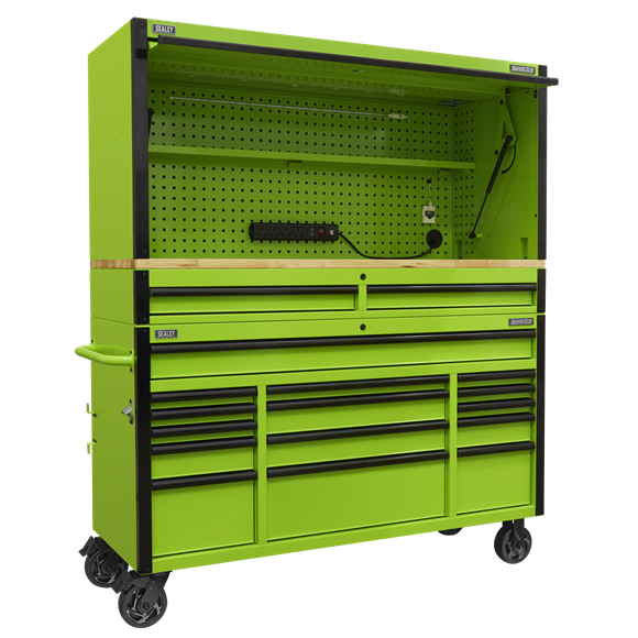 Sealey 15 Drawer 1549mm Mobile Trolley with Wooden Worktop and Hutch and 2 Drawer Riser