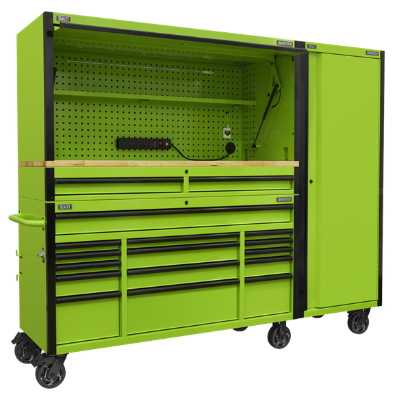Sealey 15 Drawer 1549mm Mobile Trolley with Wooden Worktop, Hutch, 2 Drawer Riser & Side Locker
