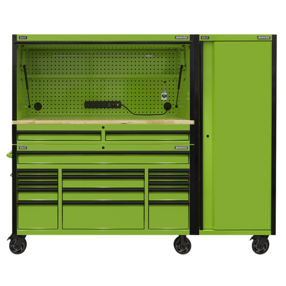 Sealey 15 Drawer 1549mm Mobile Trolley with Wooden Worktop, Hutch, 2 Drawer Riser & Side Locker