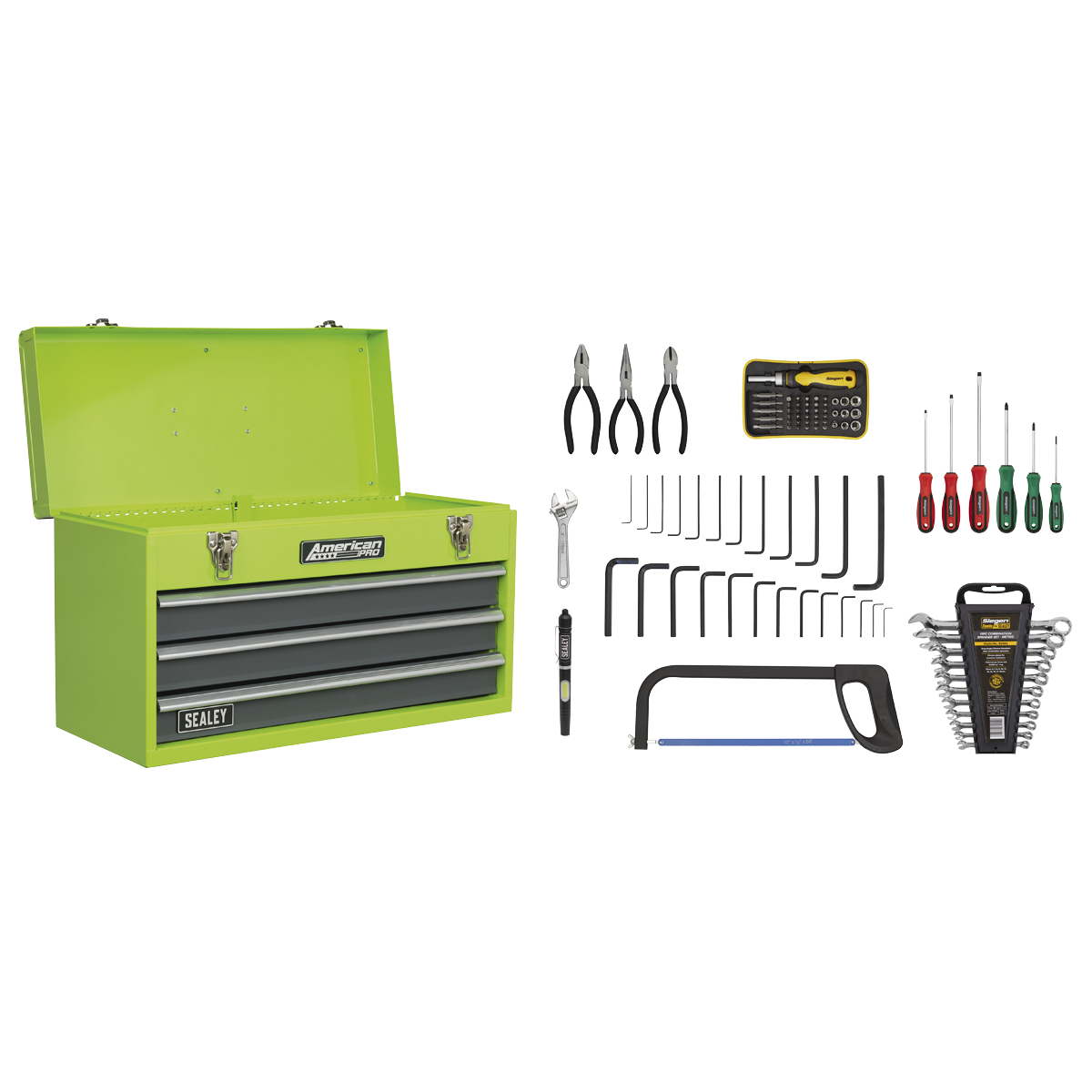 Sealey Portable Tool Chest 3 Drawer with Ball-Bearing Slides - Hi-Vis & 93pc Tool Kit