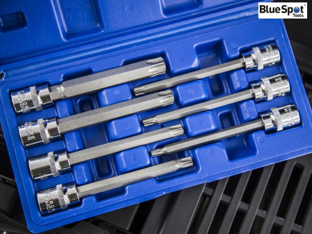 BlueSpot Tools 3/8in Drive Extra Long TORX Socket Bit Set, 7 Piece