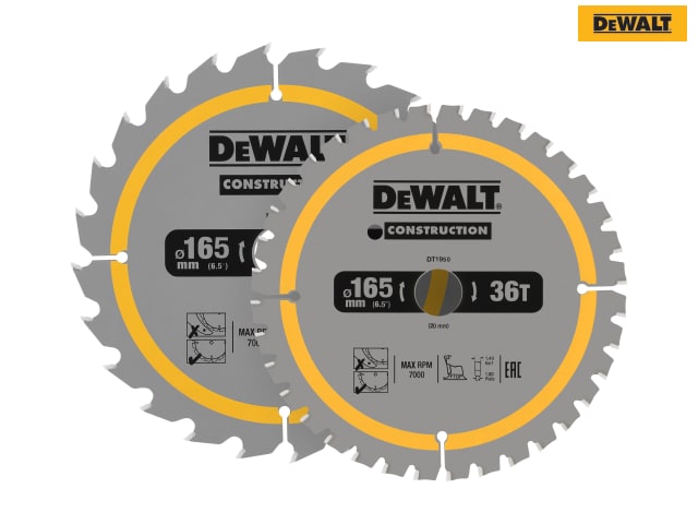 DEWALT DT90270 Construction Circular Saw Blade 2 Pack 165 x 20mm x 24T/36T