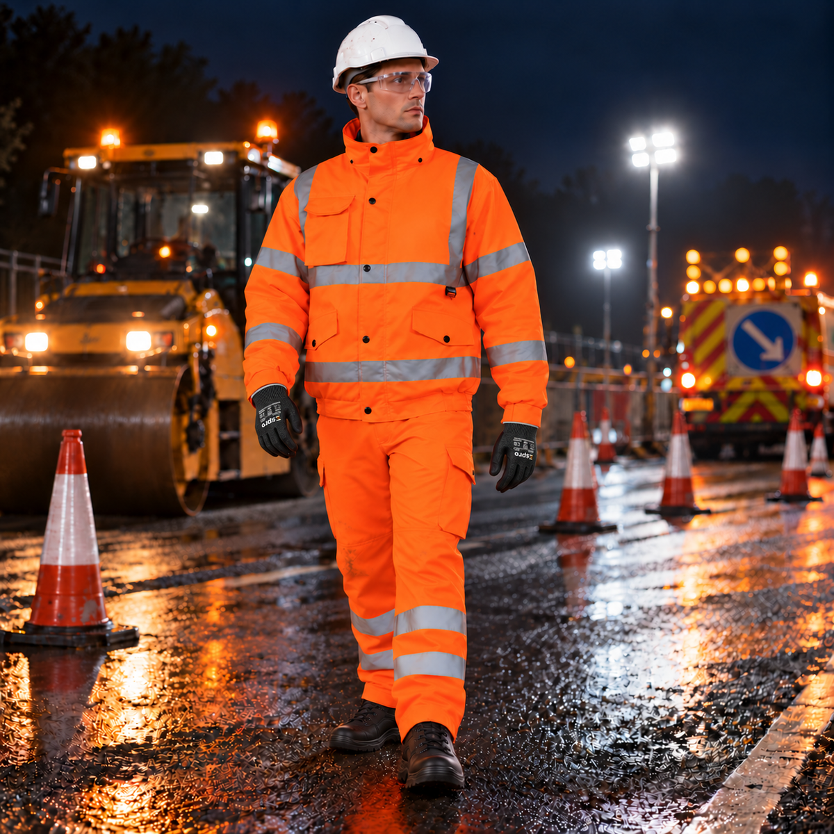 Road worker in an Espro orange hi-vis bomber jacket and trousers at a night-time roadworks site