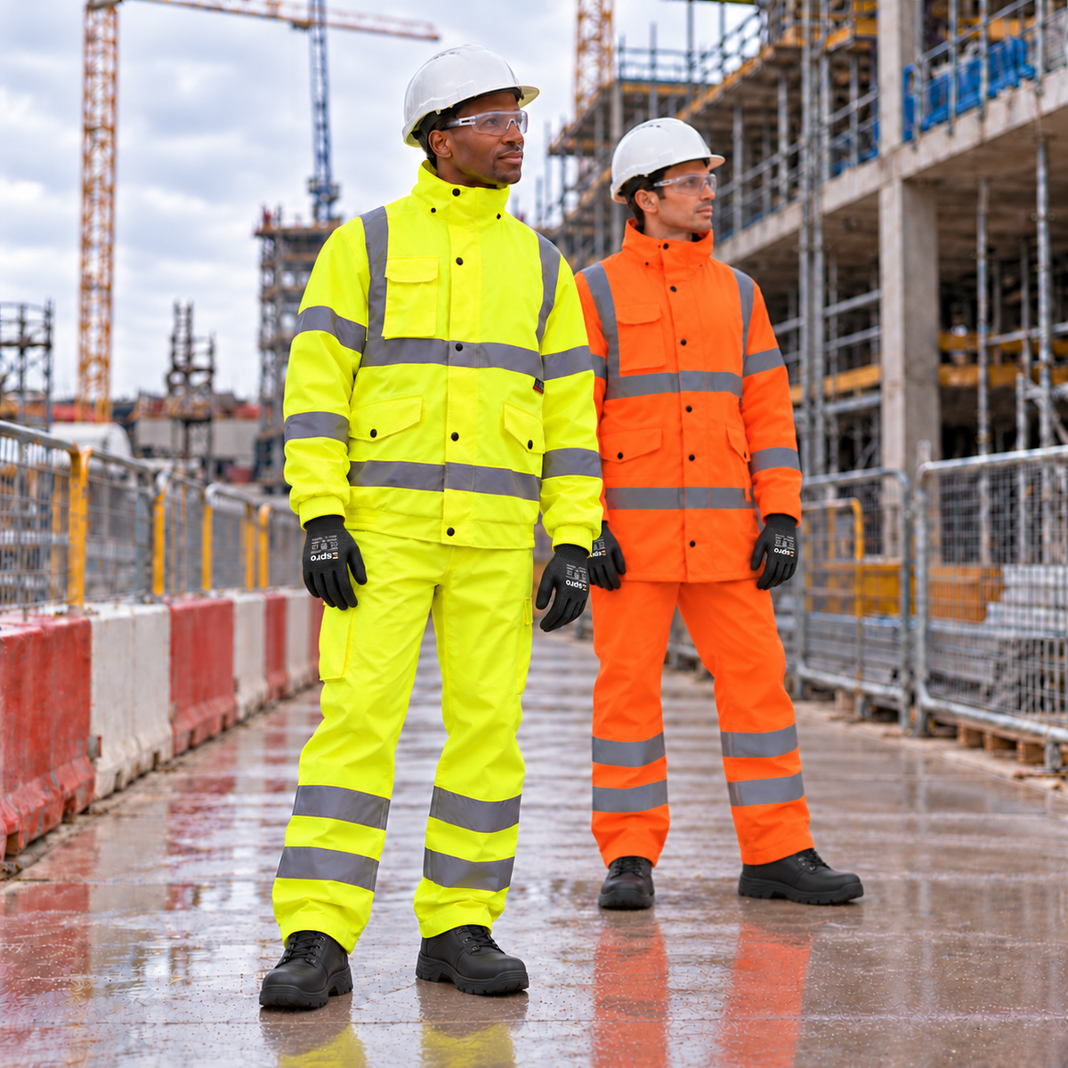 Two construction workers in Espro yellow and orange hi-vis bomber jackets on a building site