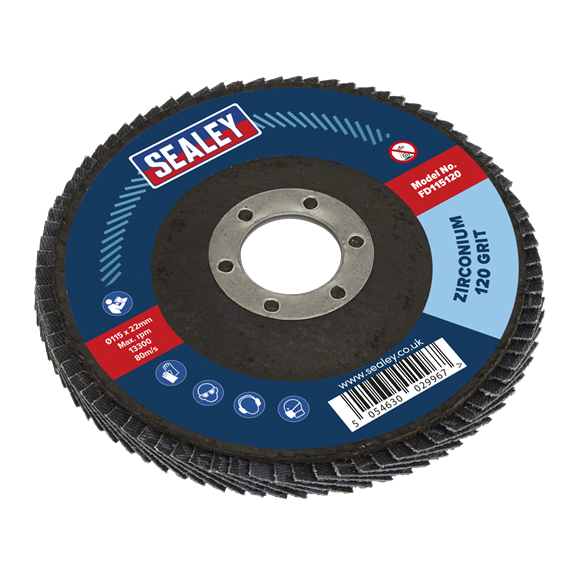 Sealey 120Grit Flap Discs Zirconium Ø115mm Ø22mm Bore - Pack of 10