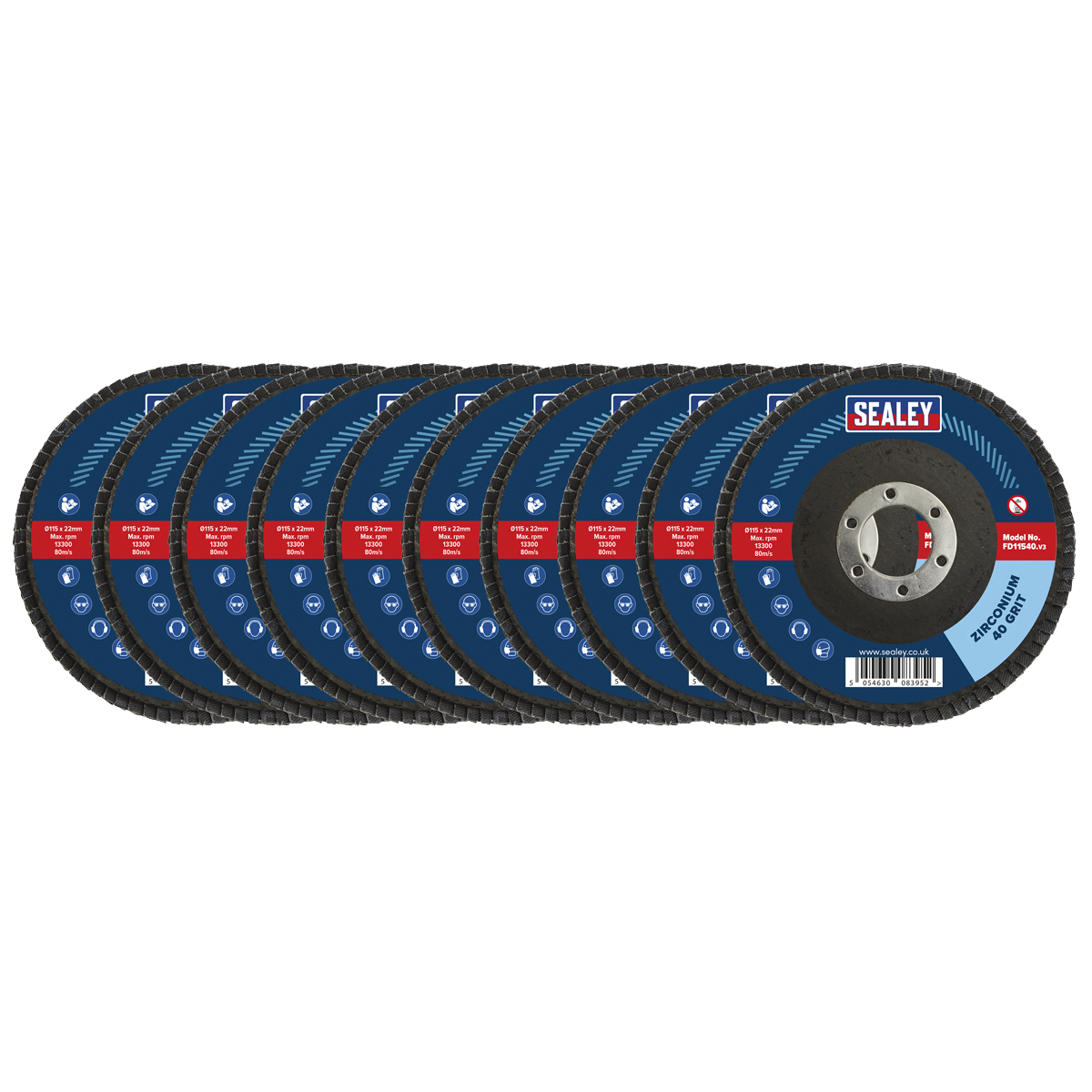 Sealey 40Grit Flap Discs Zirconium Ø115mm Ø22mm Bore - Pack of 10