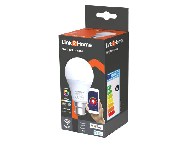 Link2Home Wi-Fi LED BC (B22) Opal GLS Dimmable Bulb, White + RGB 800 lm 9W