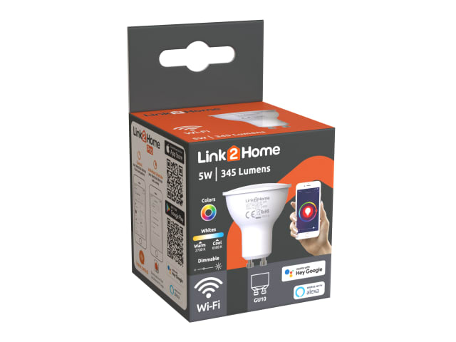 Link2Home Wi-Fi LED GU10 Dimmable Bulb, White + RGB 345 lm 5W