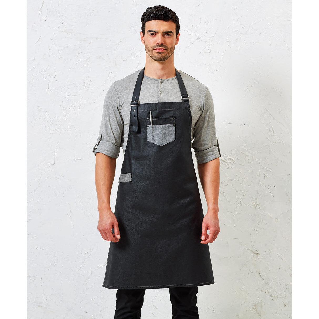 Premier Division Waxed-Look Denim Bib Apron With Faux Leather