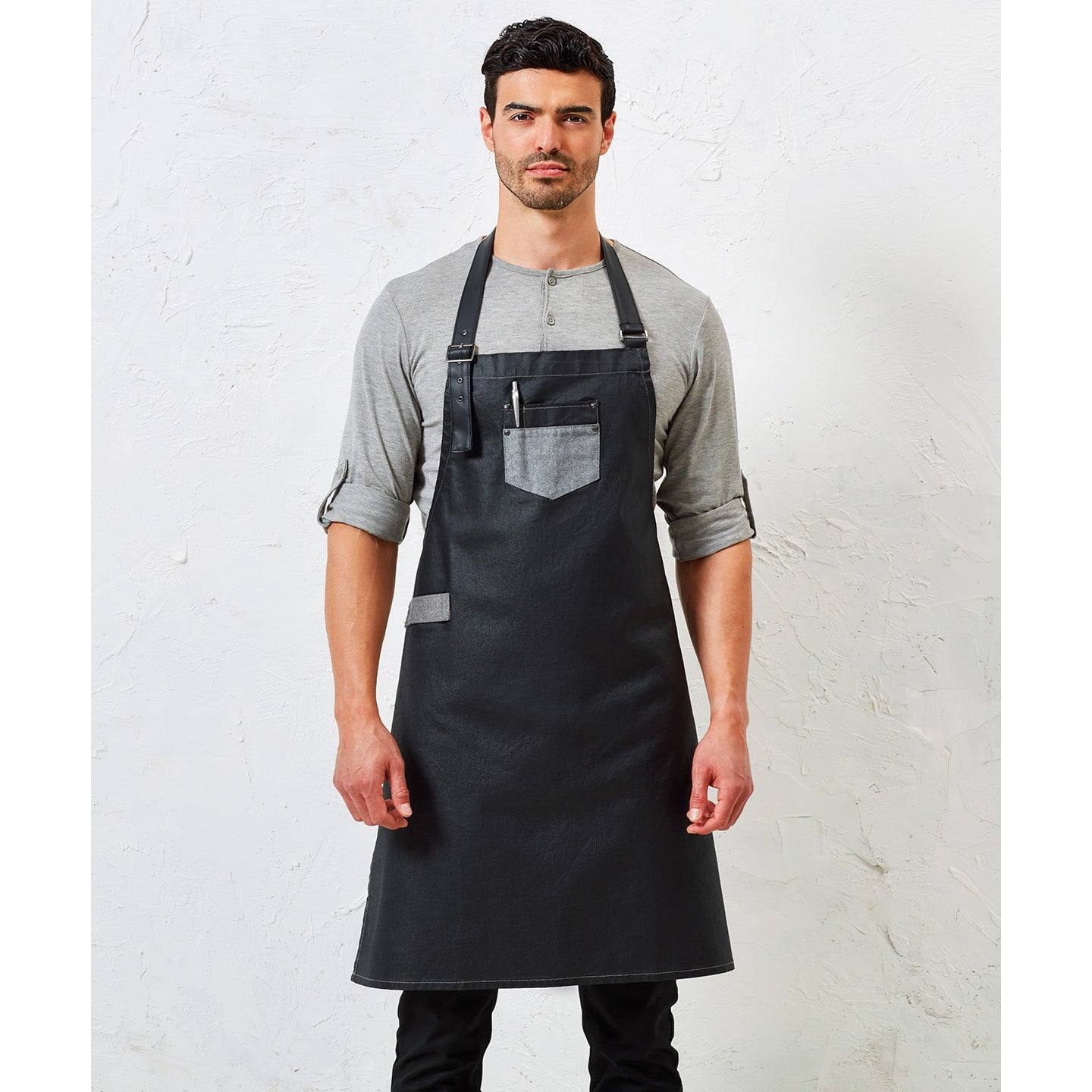 Premier Division Waxed-Look Denim Bib Apron With Faux Leather