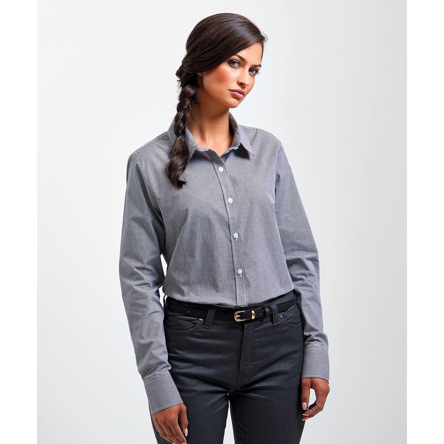 Premier Women's Microcheck (Gingham) Long Sleeve Cotton Shirt