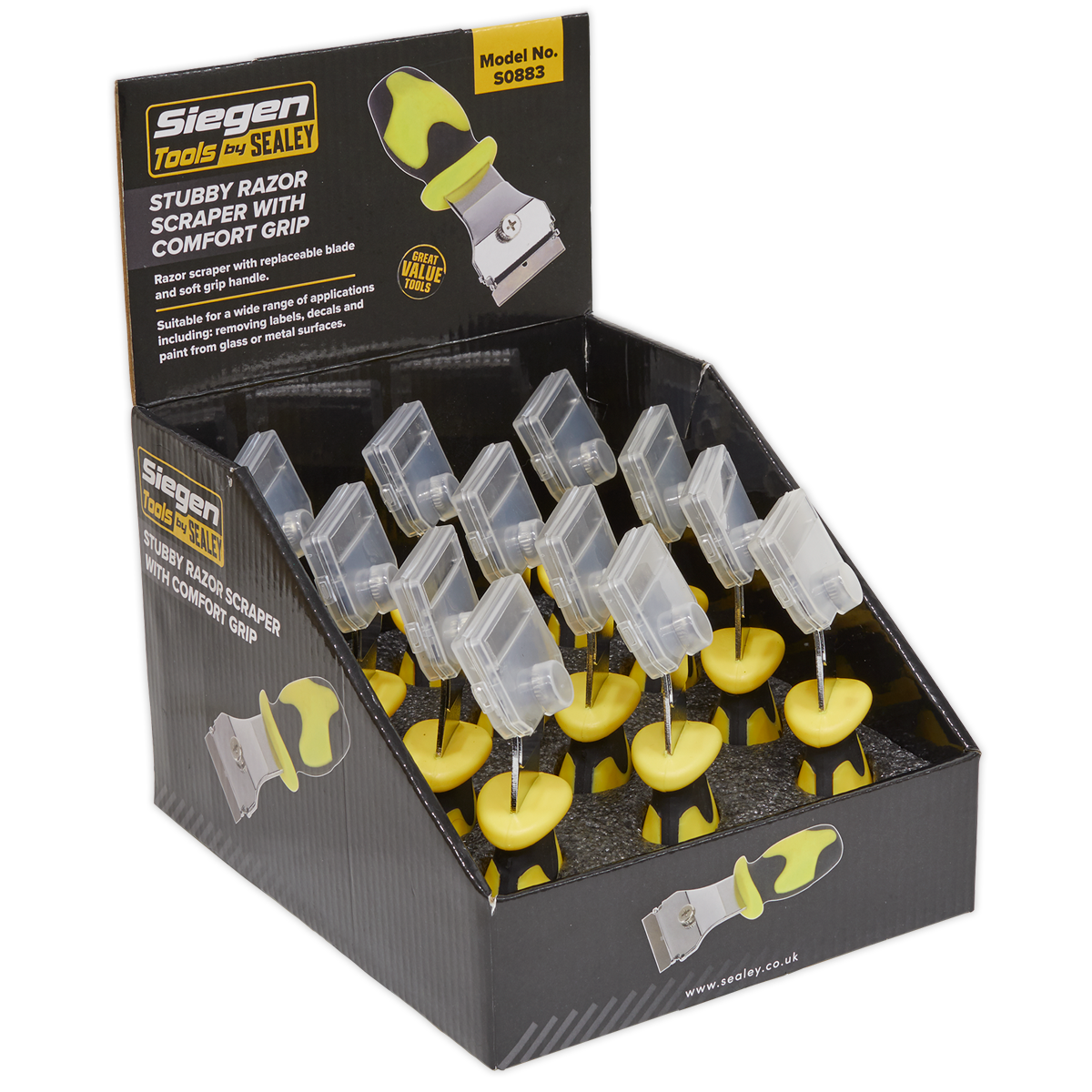 Sealey Razor Scraper with Comfort Grip Stubby Display Box of 12
