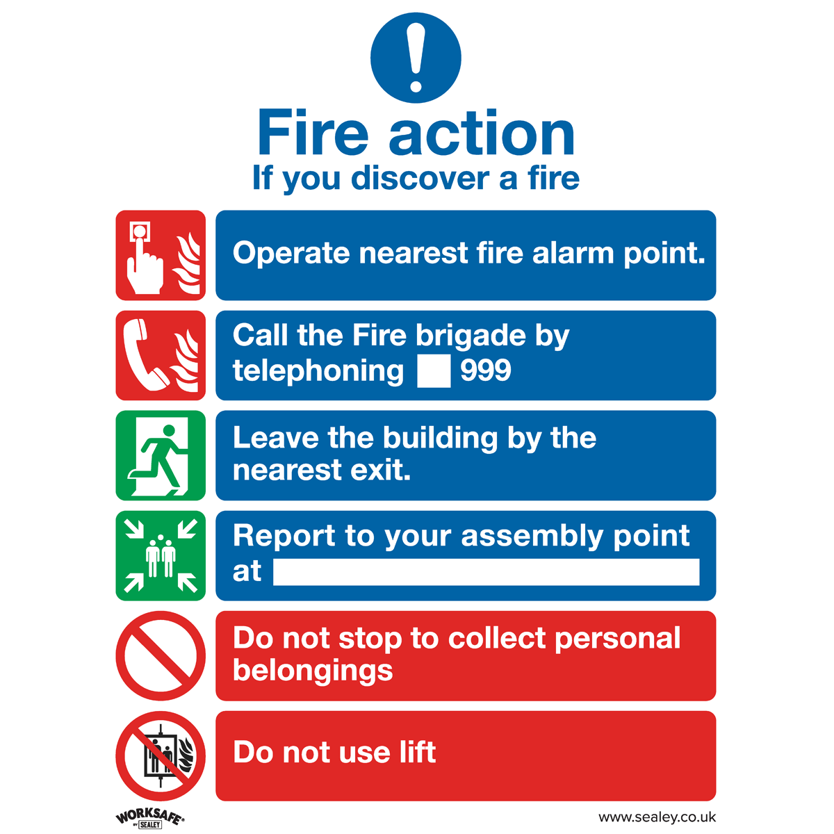 Sealey Safe Conditions Safety Sign - Fire Action With Lift - Rigid Plastic - Pack of 10