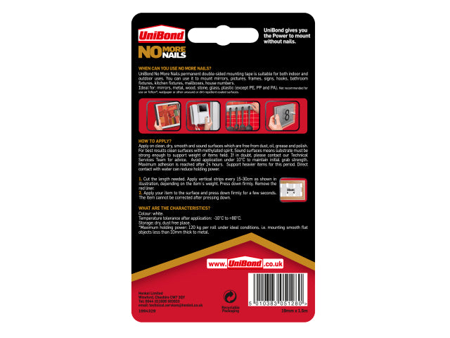 UniBond No More Nails Indoor & Outdoor Permanent Mounting Tape Roll 19mm x 1.5m