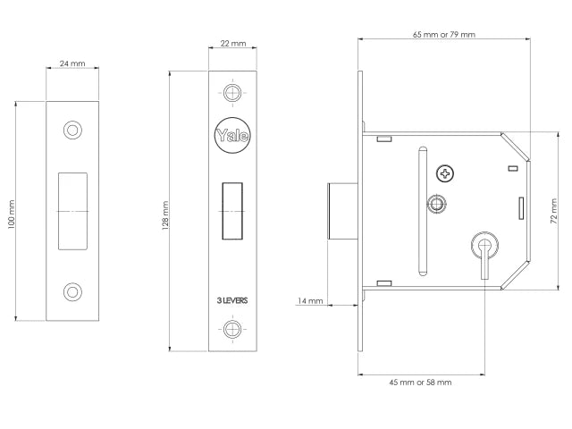 Yale Locks PM322 3 Lever Mortice Deadlock Polished Brass 65mm 2.5in