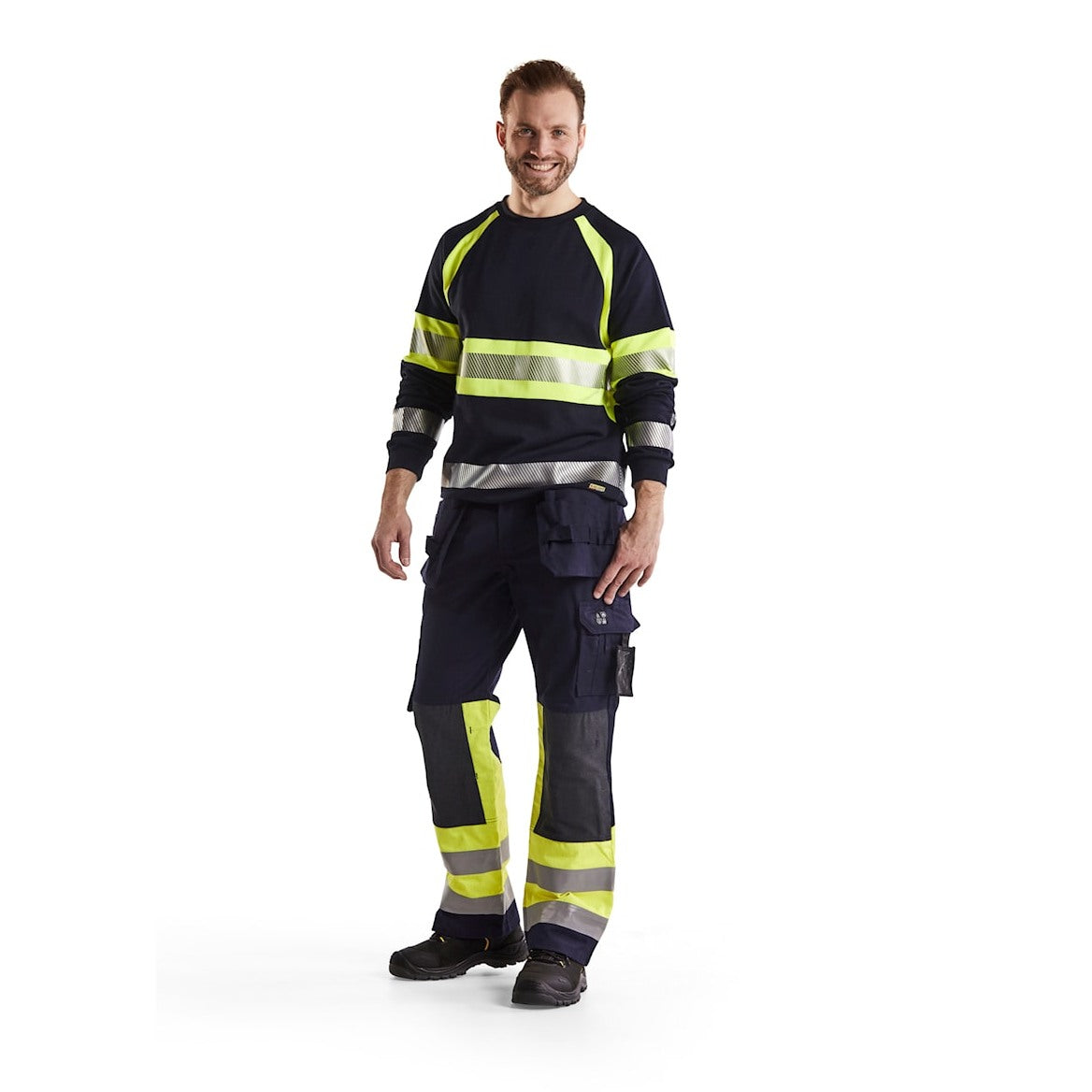 Blaklader Multinorm Craftsman Trousers 1479 #colour_navy-blue-hi-vis-yellow