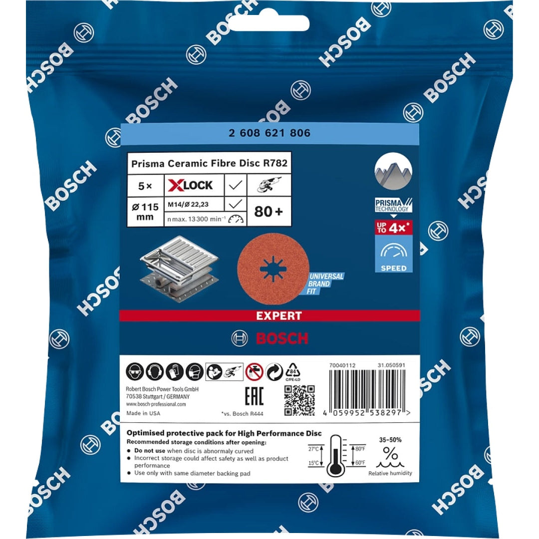 Bosch Professional Expert R782 Prisma Ceramic X-LOCK Fibre Disc - 115mm, G80, 5-pc