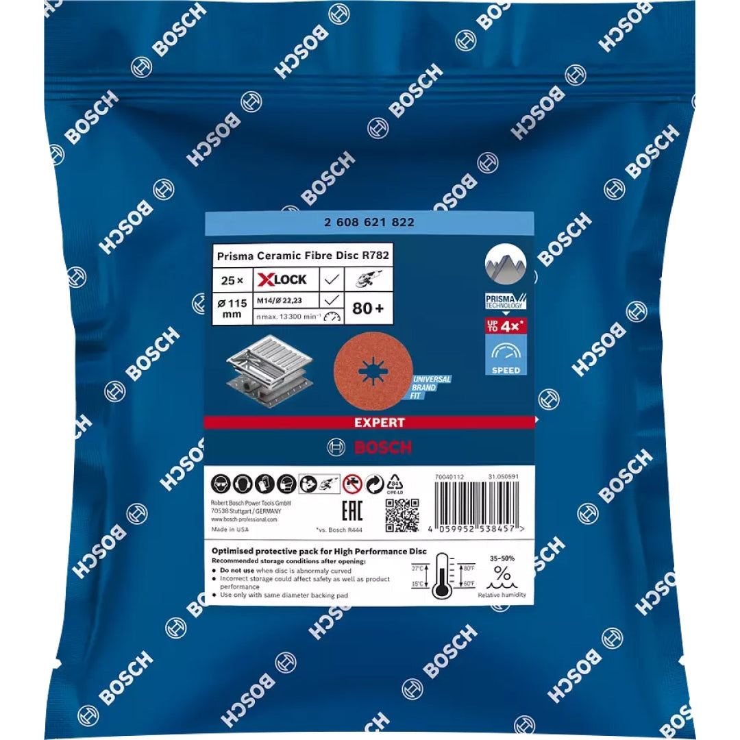 Bosch Professional Expert X-LOCK Prisma Ceramic Fibre Disc, R782 Inox 115mm, G80