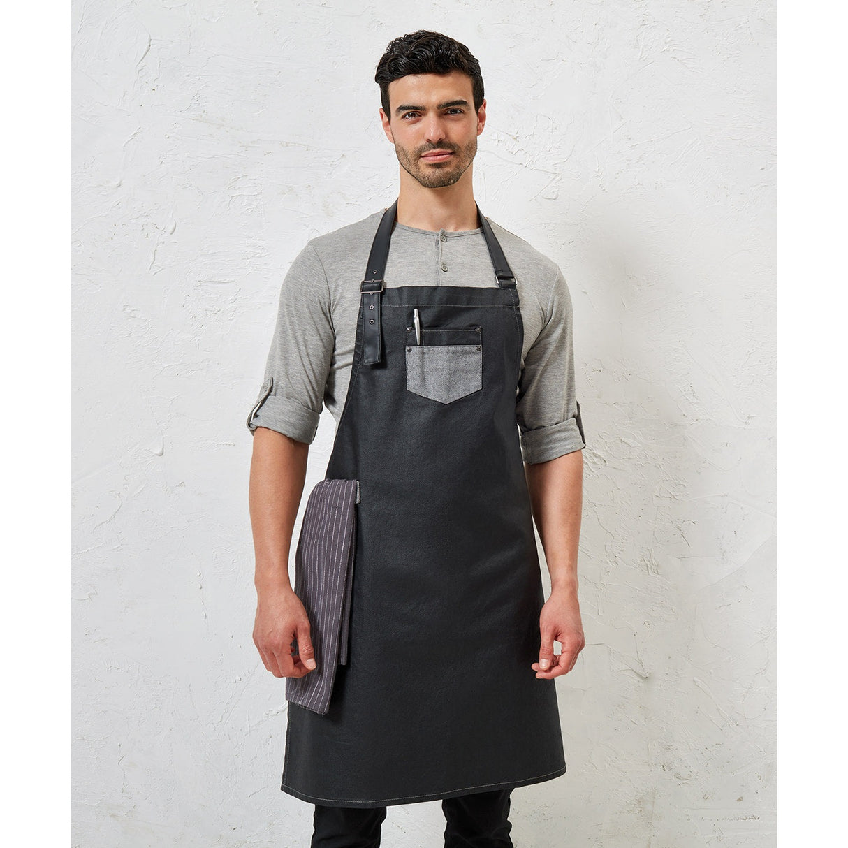 Premier Division Waxed-Look Denim Bib Apron With Faux Leather