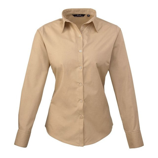 Premier Women's Poplin Long Sleeve Blouse - Khaki