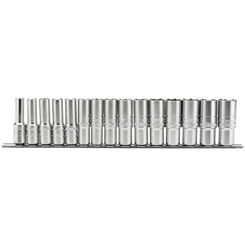 Draper 1/2" Sq. Dr. Metric Deep Sockets on a Socket Rail (15 Piece)