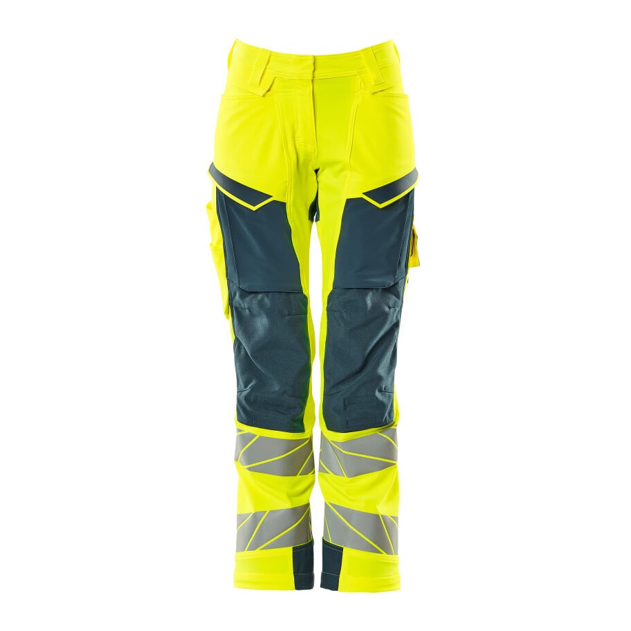 Mascot Accelerate Safe Ladies Diamond Fit Trousers with Kneepad Pockets - Hi-Vis Yellow/Petrol #colour_hi-vis-yellow-petrol