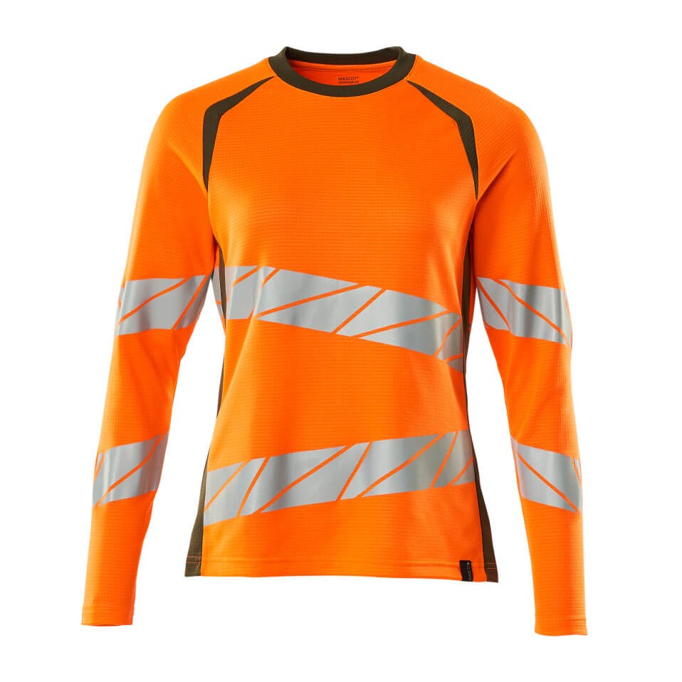 Mascot Accelerate Safe Ladies Fit Long-Sleeved T-shirt #colour_hi-vis-orange-moss-green