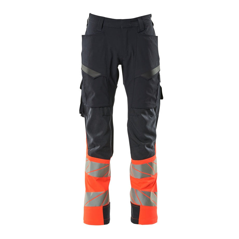 Mascot Accelerate Safe Ultimate Stretch Trousers with Thigh Pockets - Dark Navy/Hi-Vis Red #colour_dark-navy-hi-vis-red