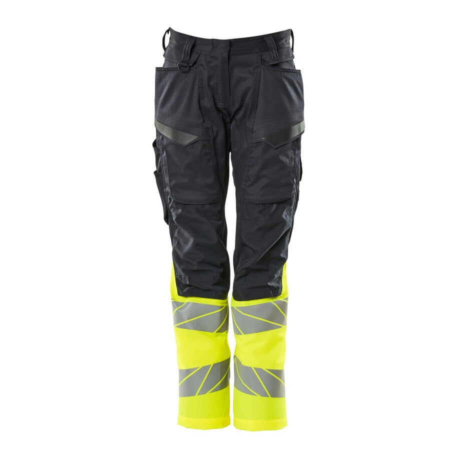 Mascot Accelerate Safe Ladies Diamond Fit Trousers with Kneepad Pockets #colour_navy-hi-vis-yellow