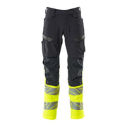 Mascot Accelerate Safe Trousers with Kneepad Pockets #colour_dark-navy-hi-vis-yellow