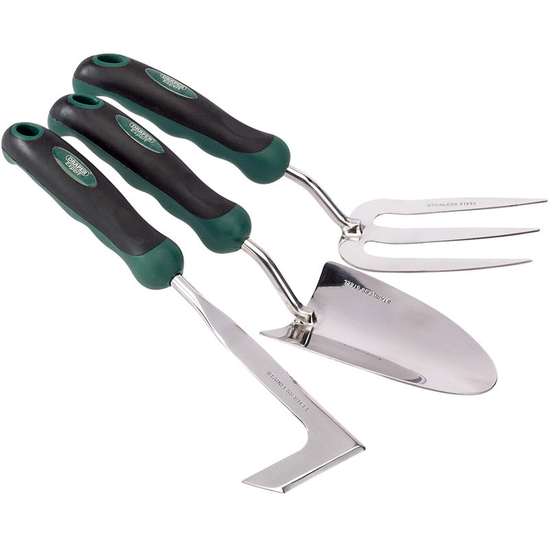 Draper Stainless Steel Heavy Duty Soft Grip Fork, Trowel and Weeder Set (3 Piece)